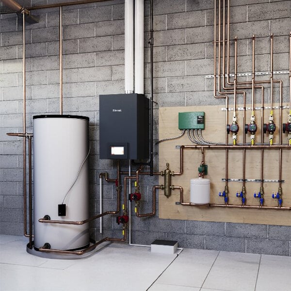 A wall-mounted natural gas indoor heat-only boiler system with connected pipes and a large cylindrical tank.