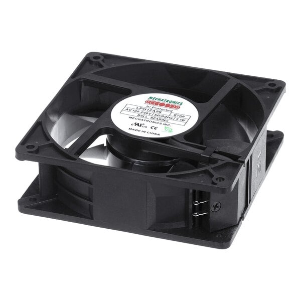 A square black cooling fan with a central label, designed for electronic or industrial equipment.