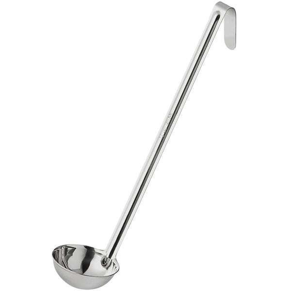 A stainless steel ladle with a long handle and a 1.5 oz. capacity.