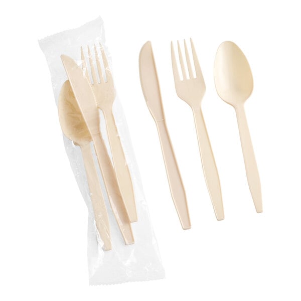 Choice Beige Heavy Weight Polypropylene Plastic Fork, Knife, and Spoon Cutlery Pack - 500/Case