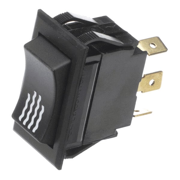 A black rocker switch with a steam symbol and metal prongs, commonly used for controlling steam functions in appliances.
