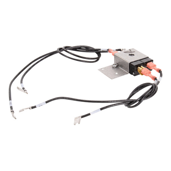 An electrical switch assembly with attached wiring and a metal mounting bracket.