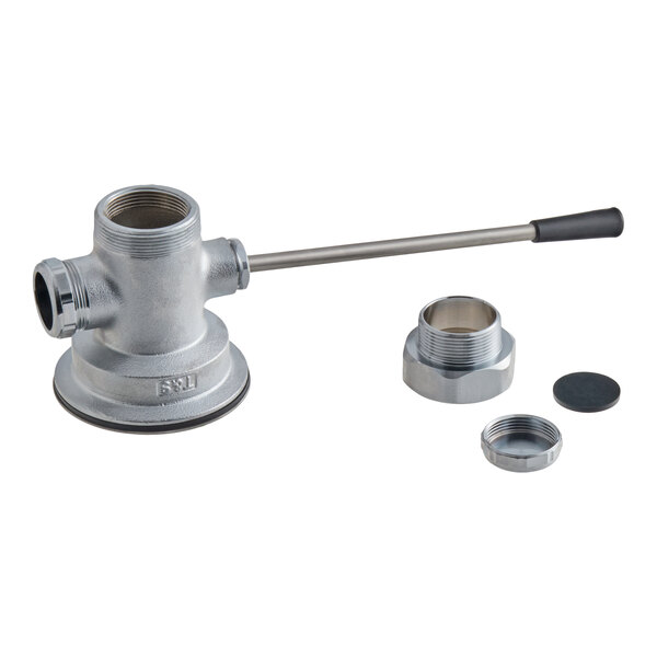 A metal lever handle waste valve with a long handle and several threaded components, designed for a sink opening.