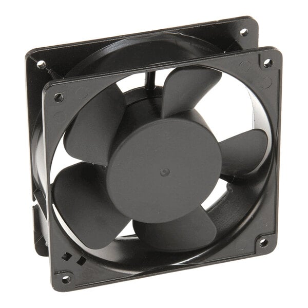 A black square electric cooling fan with five blades, designed for use in electronic or industrial equipment.