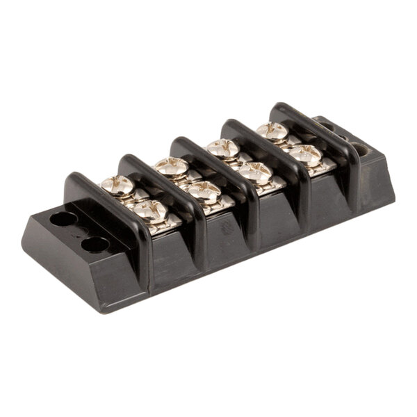 A black 4-position terminal block with metal screw terminals for electrical connections.