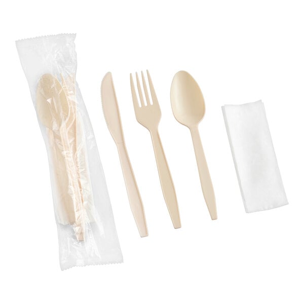 Choice Beige Heavy Weight Polypropylene Plastic Fork, Knife, and Spoon Cutlery Pack with Napkin - 500/Case