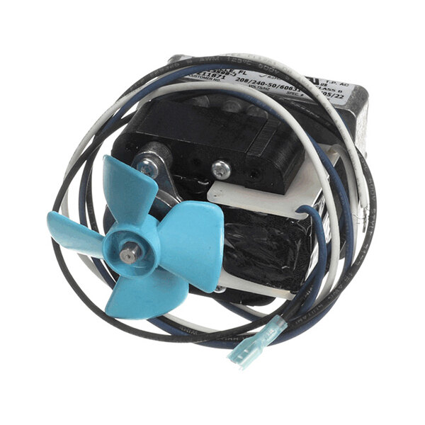 A motor assembly with a blue fan blade and attached wiring.