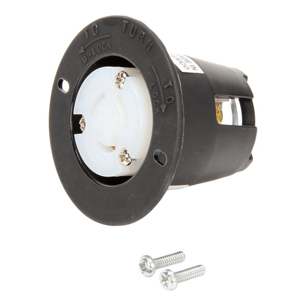 A black and white electrical receptacle with two mounting screws.