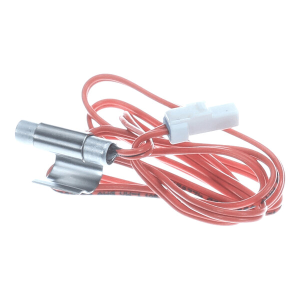 A Trane SAT line temperature sensor with a metal probe, red wiring, and a white connector.