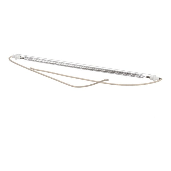 A heater assembly with a coiled heating element and attached wires.
