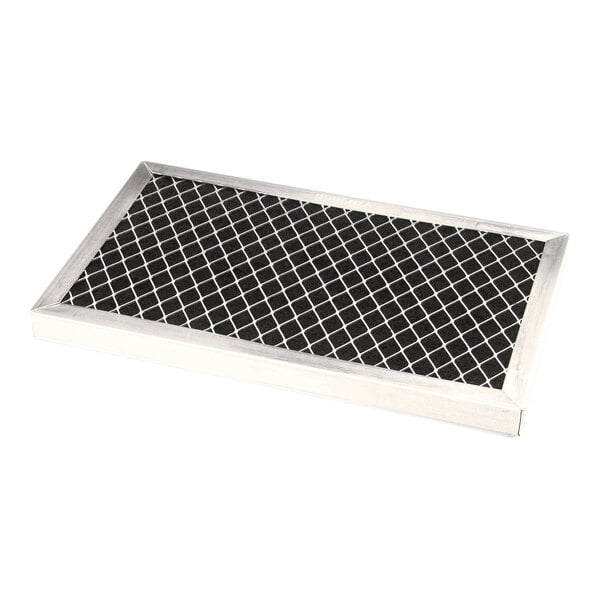 A rectangular particulate filter with a metal frame and mesh grid.