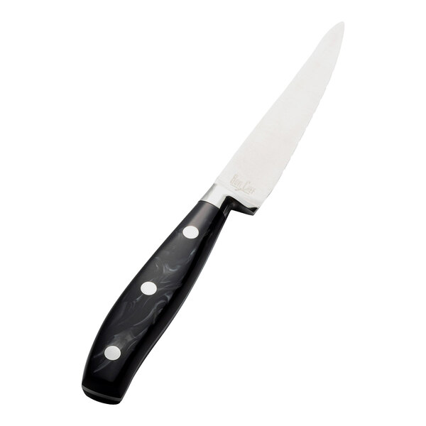 A stainless steel steak knife with a black acrylic handle.