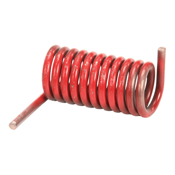 A red torsion spring with multiple coils and two straight ends.