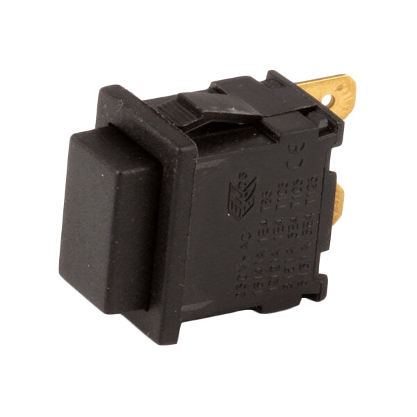 A black rectangular pushbutton switch with gold terminals.