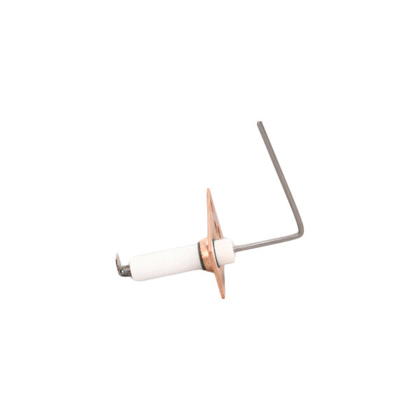 A metal and ceramic flame sensor with a bent probe and mounting plate.