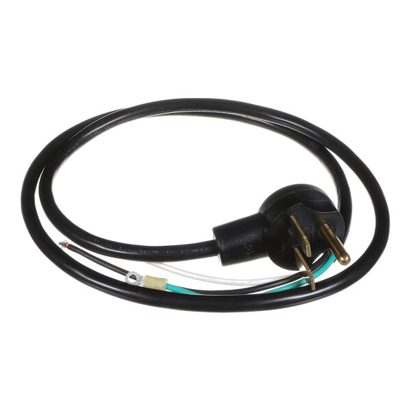 A black electrical power cord with a three-prong plug and exposed wire ends.