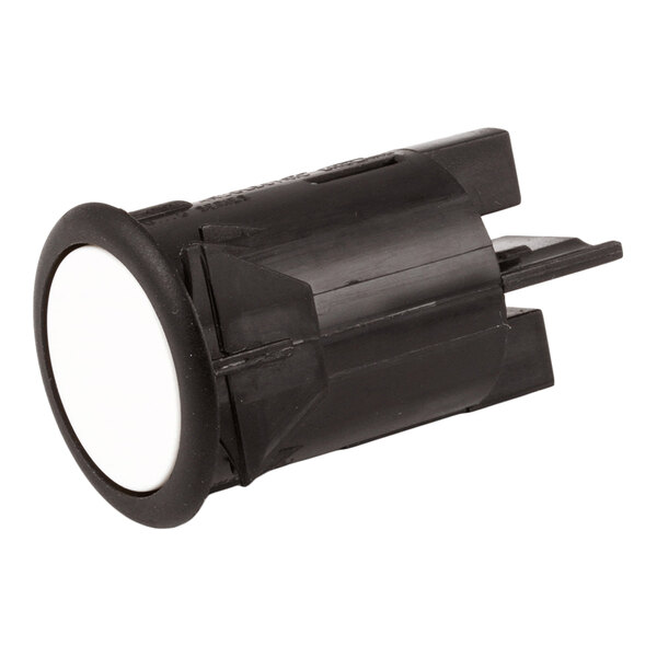 A black and white push button switch component.
