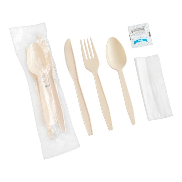 Choice Beige Heavy Weight Polypropylene Plastic Cutlery Pack with Napkin and Salt and Pepper Packets - 500/Case