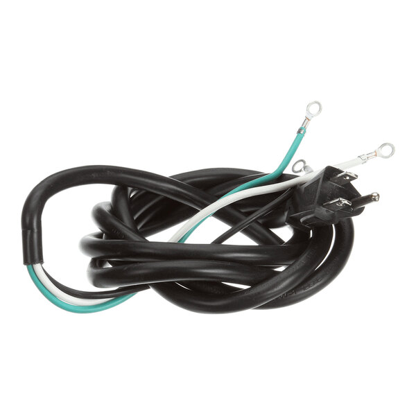 A black 120V power cord set with attached terminals and a three-prong plug.