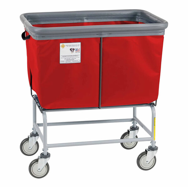 A red elevated antimicrobial vinyl basket truck with a metal frame and four caster wheels.
