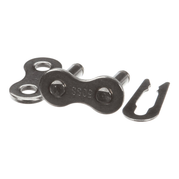 A metal connecting link for a chain, consisting of two outer plates, two pins, and a clip.