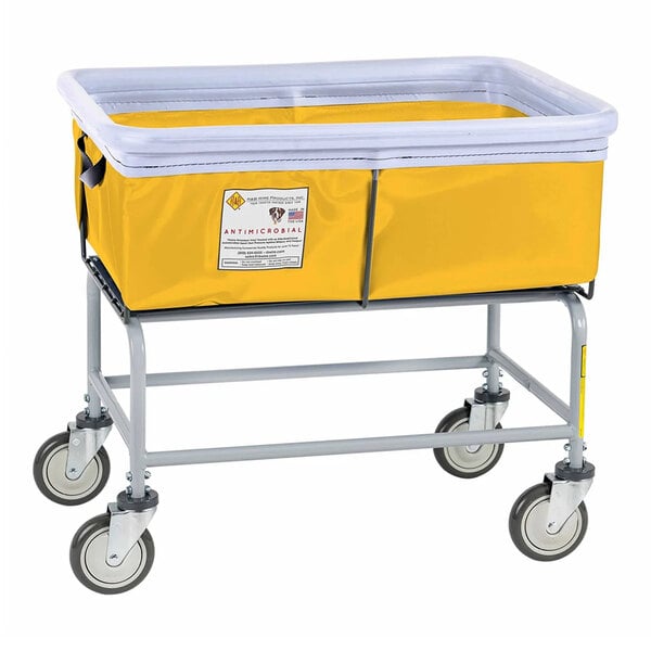 A yellow antimicrobial vinyl basket truck with a metal frame and four caster wheels.