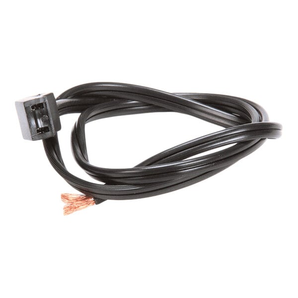 A black electrical cord with a fan plug connector on one end and exposed copper wires on the other end.