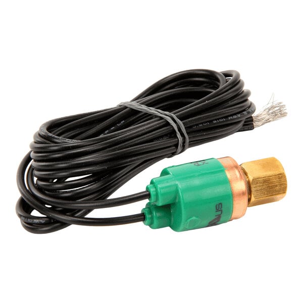 A Trane CNT00510 high pressure switch with attached black wiring and a green and brass connector.