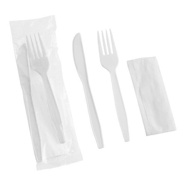Choice White Heavy Weight Polypropylene Plastic Fork and Knife Cutlery Pack with Napkin - 500/Case