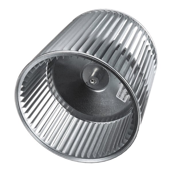 A cylindrical metal blower wheel with evenly spaced blades, typically used in HVAC systems.