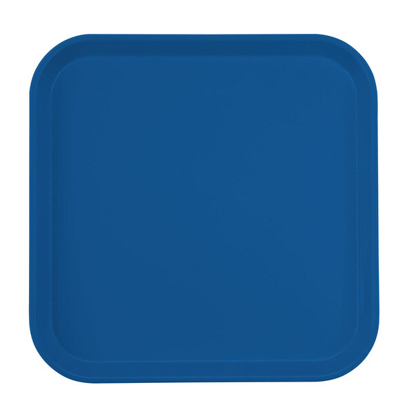 A blue square Cambro tray with a white stripe.