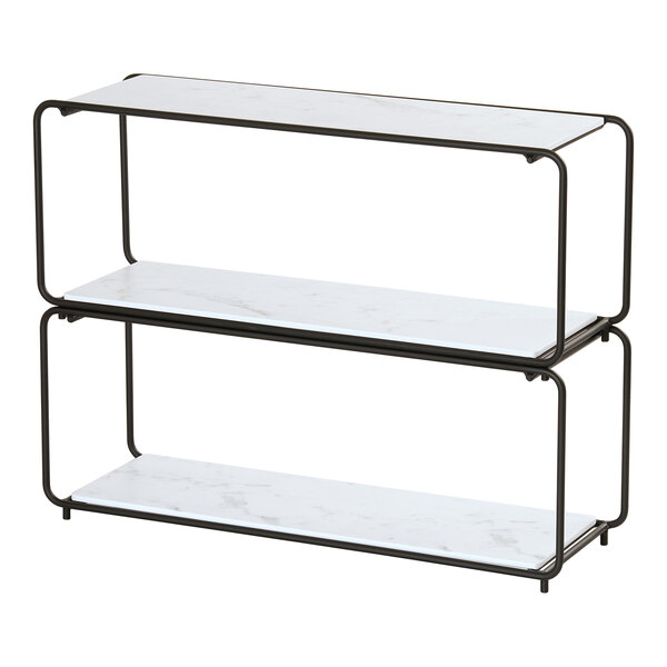 A modular shelving unit with a black metal frame and three white shelves.
