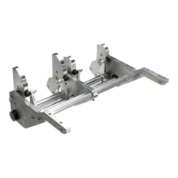 A metal counter balance mechanism with a split top design, used for supporting and balancing equipment.
