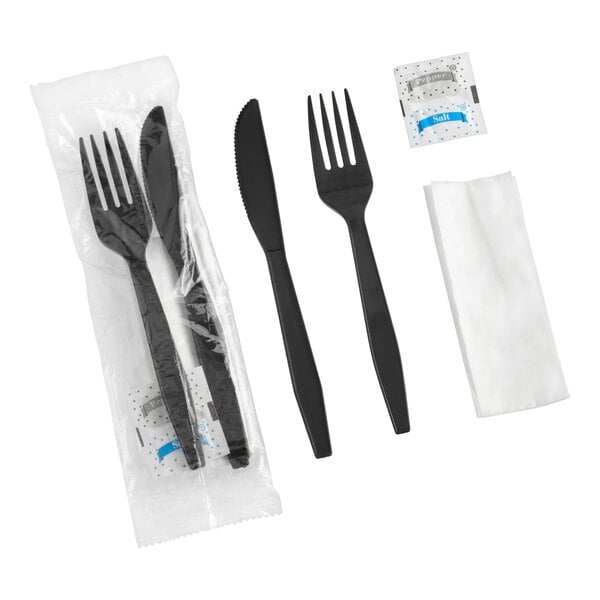 Choice Black Heavy Weight Polypropylene Plastic Fork and Knife Cutlery Pack with Napkin and Salt and Pepper Packets - 500/Case
