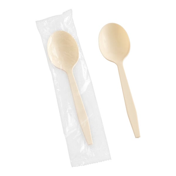 Choice 6 3/8" Wrapped Heavy Weight Beige Polypropylene Plastic Soup Spoon - 1,000/Case