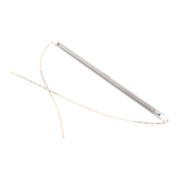 A cylindrical metal heating tube with attached wires.
