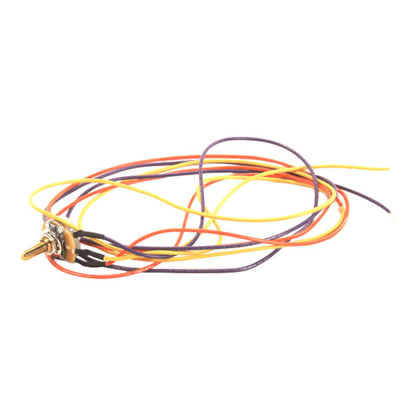 A potentiometer assembly with attached multicolored wires.