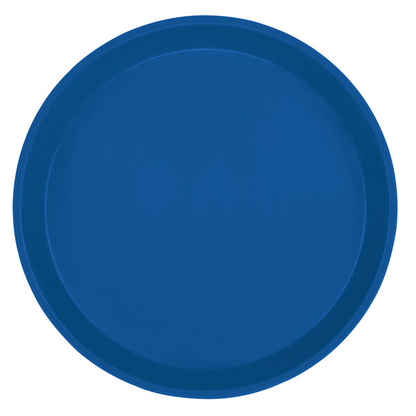 A close-up of a blue round Cambro plate with a white border.