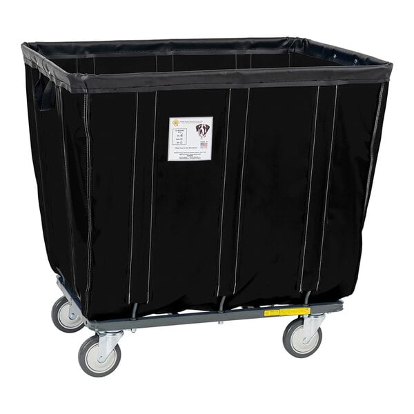 A large black vinyl basket truck with swivel casters designed for transporting laundry or bulk materials.