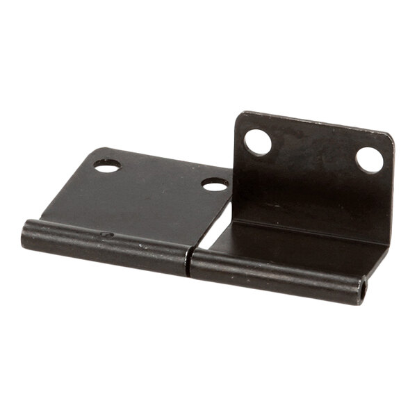 A metal hinge set with two mounting plates, each featuring two screw holes.