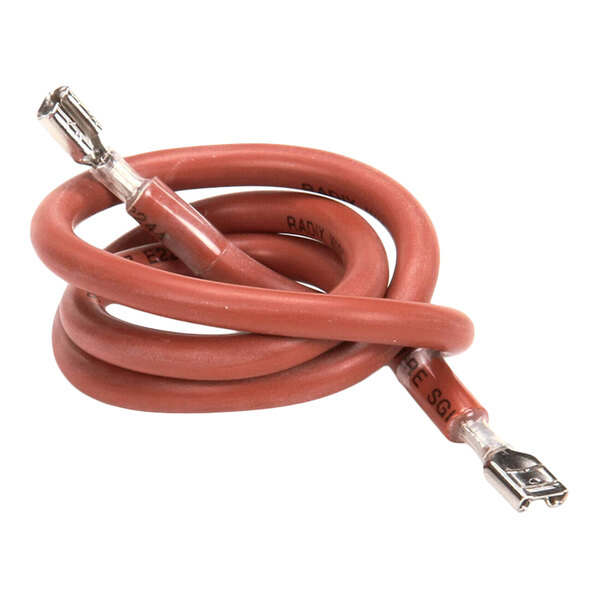 A coiled red spark wire with metal connectors on both ends.