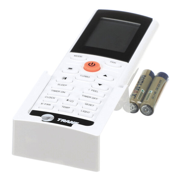 A Trane TREMOTE2AHANDA remote control with a wall mount and two AA batteries.