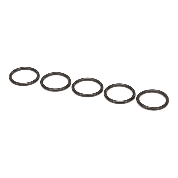 A set of five black rubber O-rings arranged in a row.