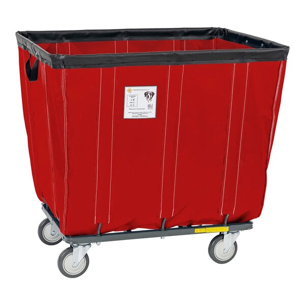 A large red vinyl basket truck with swivel casters and a rectangular frame, designed for transporting bulk items.