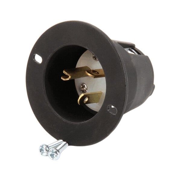 A black NEMA 5-20R electrical outlet with two mounting screws.