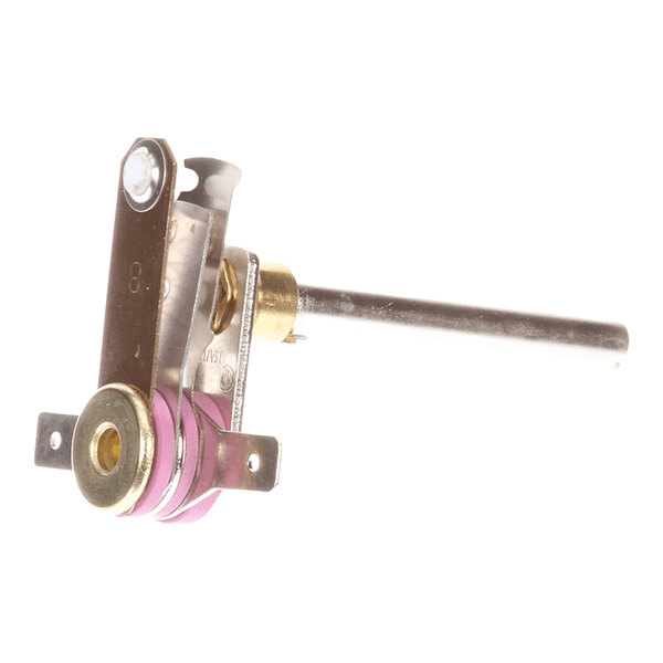 A metal and ceramic bimetal thermostat component with a protruding rod and mounting holes.