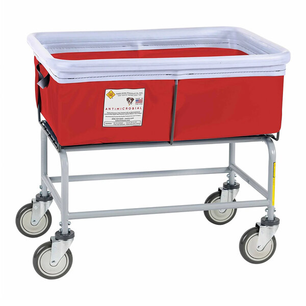 A red elevated antimicrobial vinyl basket truck with a metal frame and four caster wheels.