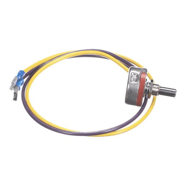 A rotary control assembly with attached yellow and purple wires, used for electrical or heating equipment.