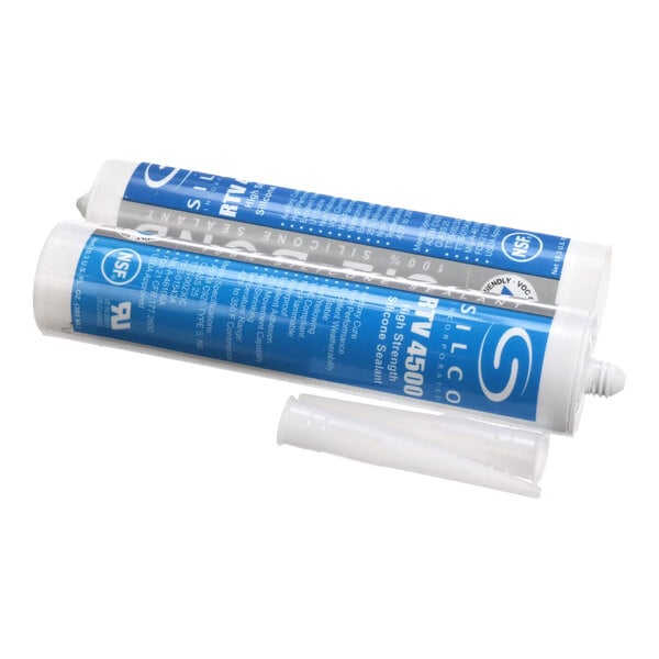 A set of blue and white silicone sealant tubes with a nozzle attachment.