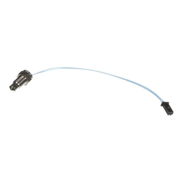 A thermostatic probe with a metal sensor and a blue wire ending in a black connector.